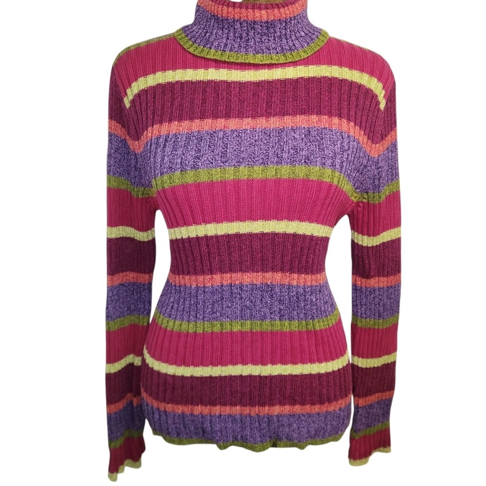 Vintage 90s Y2K Striped Ribbed Knit Turtleneck Sweater Colorful Size M Talbots